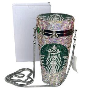 Starbucks Coffee Cup Handbag Crystal Rhinestone Purse Bag Silver Chain New Lg